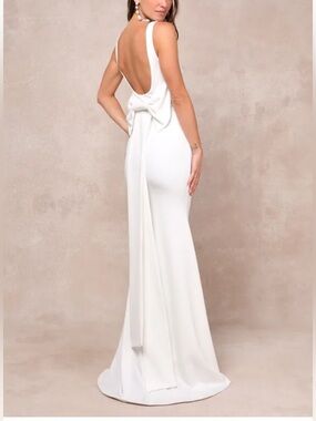 NWT Loving Fate White Bow Square Neck Backless Maxi Wedding Dress Sheath Bride